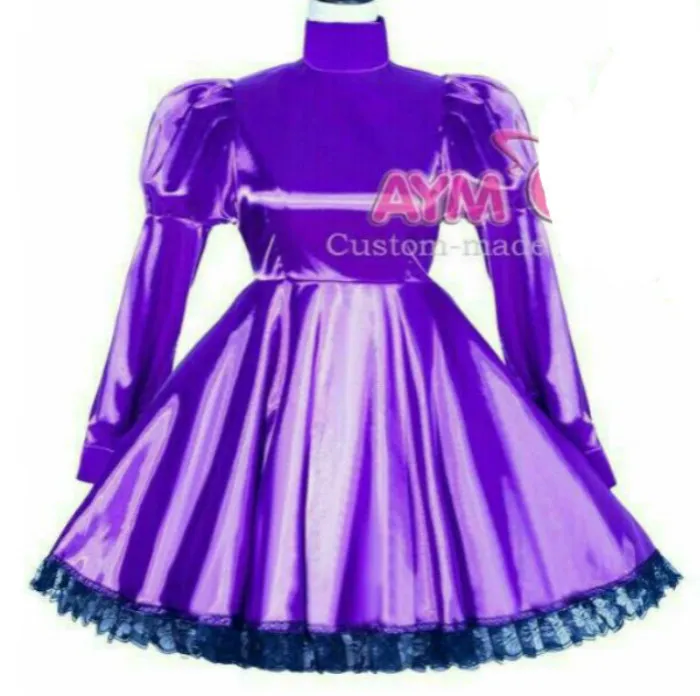 Bondage PVC vergrendeling Domineer femdom Purple Sissy Satin Maid -jurk196b