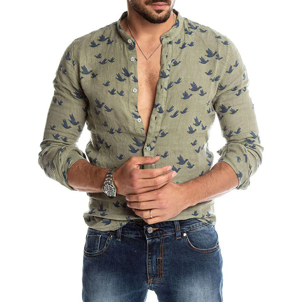 Spring Autumn Casual Men Pigeon Print Buttons Long Sleeve Fashion Pure Shirt Linen Slim Top s comfortable268t