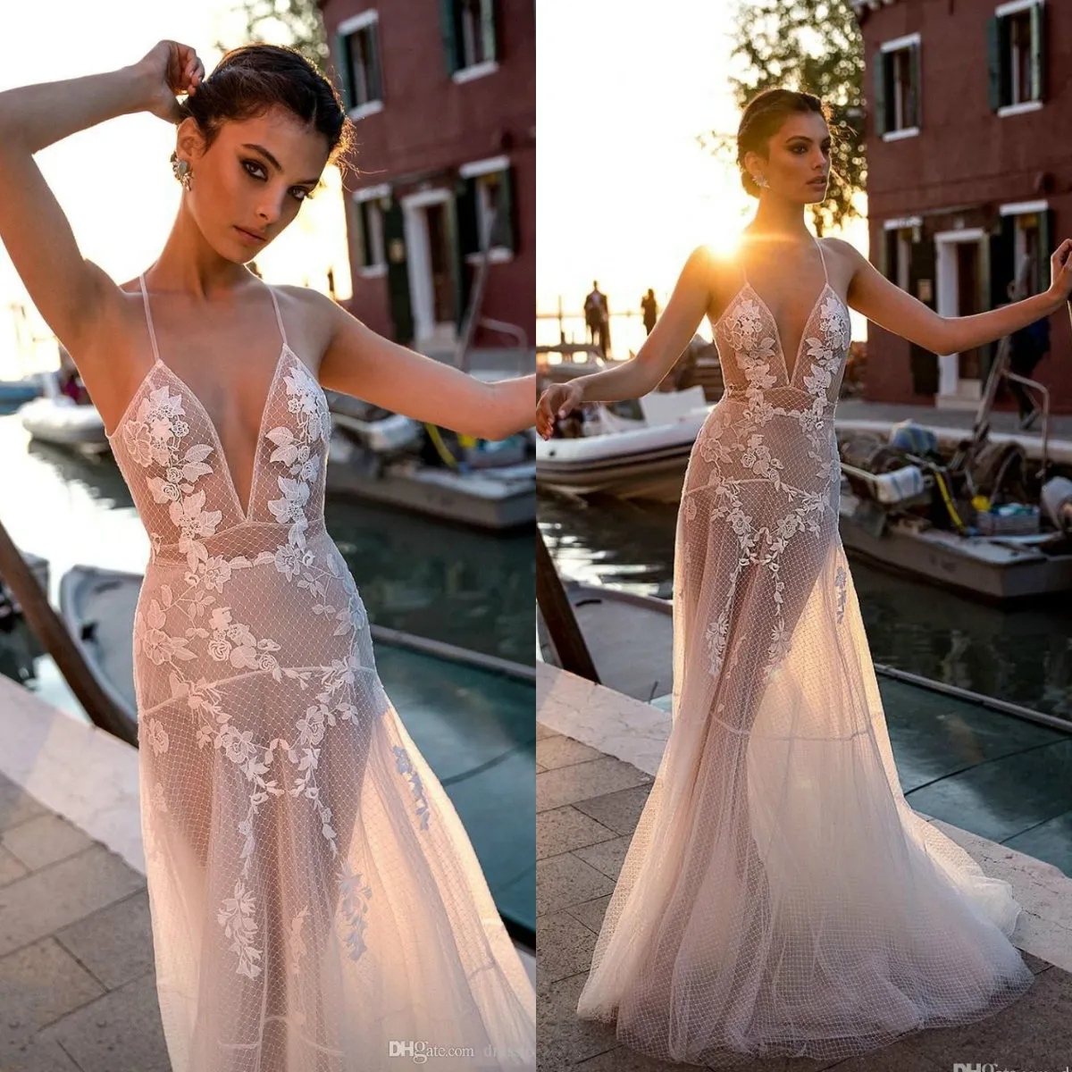 섹시한 GALI Karten 인어 웨딩 드레스 스파게티 레이스 웨딩 드레스 바닥 길이 abiti 다 SPOSA 등이없는 vestido 드 노비