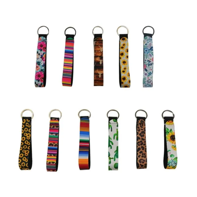 Wristband Keychains Floral Printed Key Chain Neoprene Key Ring Wristlet Keychain Party Favor 11 Designs Wholesale