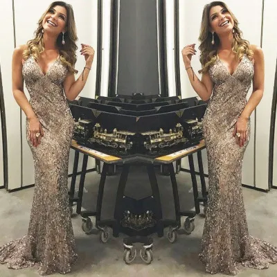 2019 Europese stijl explosie vergulde vergulde pailletten spaghetti a-lijn avondjurk / hete nieuwe gouden pailletten V-hals backless party prom dress