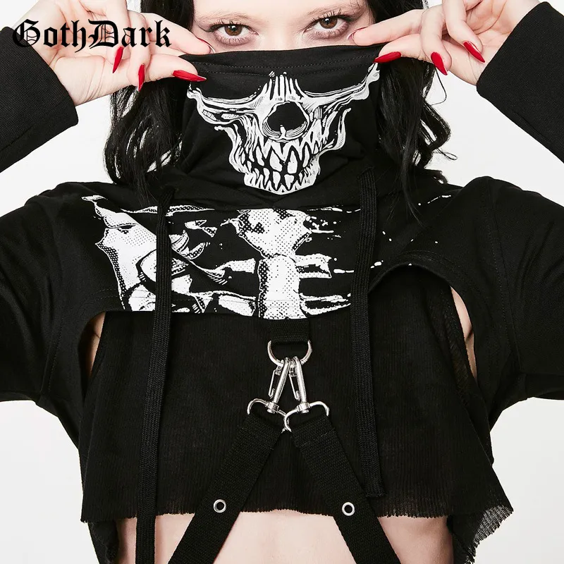 Gothic Skull Drukuj Szkielet Bluzy Z Długim Rękawem Koszulka Turtlenek Punk Style Hip Kobiety Łańcuch Crop Top Cool Streetwear Czarne Tees J190424