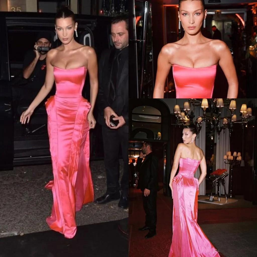 Hot Pink Axless Prom Formal Dresses Bella Hadid Modest Ruffles Kjol i full längd röd matta kändis klänning kväll festklänning slitage