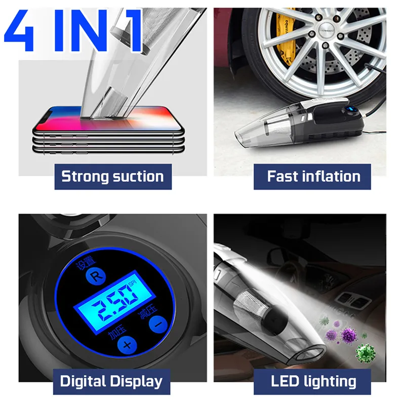 Handheld Vacuum Cleaner, 4-in-1 Pet Hair Vacuum Cleaner, Air compressor Pressure Gauge, Smart Tire Inflator Pump with LED Light for Car Home Cleaning Handheld Vacuum Cleaner, 4-in-1 Pet Hair Vacuum Cleaner, Air compressor Pressure Gauge, Smart Tire Inflator Pump with LED Light for Car Home Cleaning