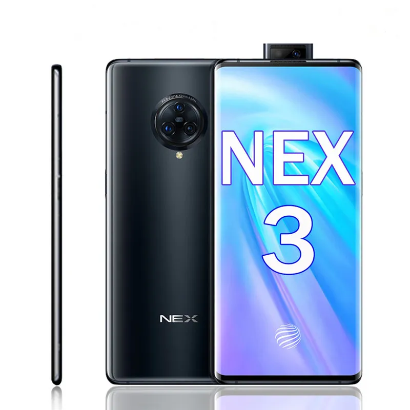 Téléphone portable d'origine Vivo Nex 3 4G LTE 8 Go de RAM 128 Go de ROM Snapdragon 855 Plus Octa Core 64MP AI HDR OTG NFC 4500 mAh Android 6,89 "Plein écran d'empreinte digitale ID téléphone portable intelligent