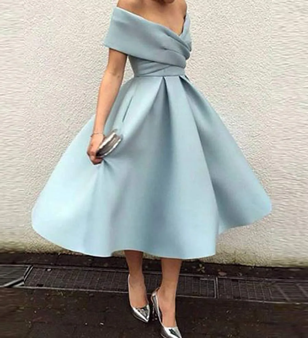 Satin Simple Cocktail Dress Off Shoulder Tea Length Formal Wear Evening Prom Party Gown Women Formal Prom Party Gown Short Cocktail Dress From Portsvy 79.4 DHgate.Com