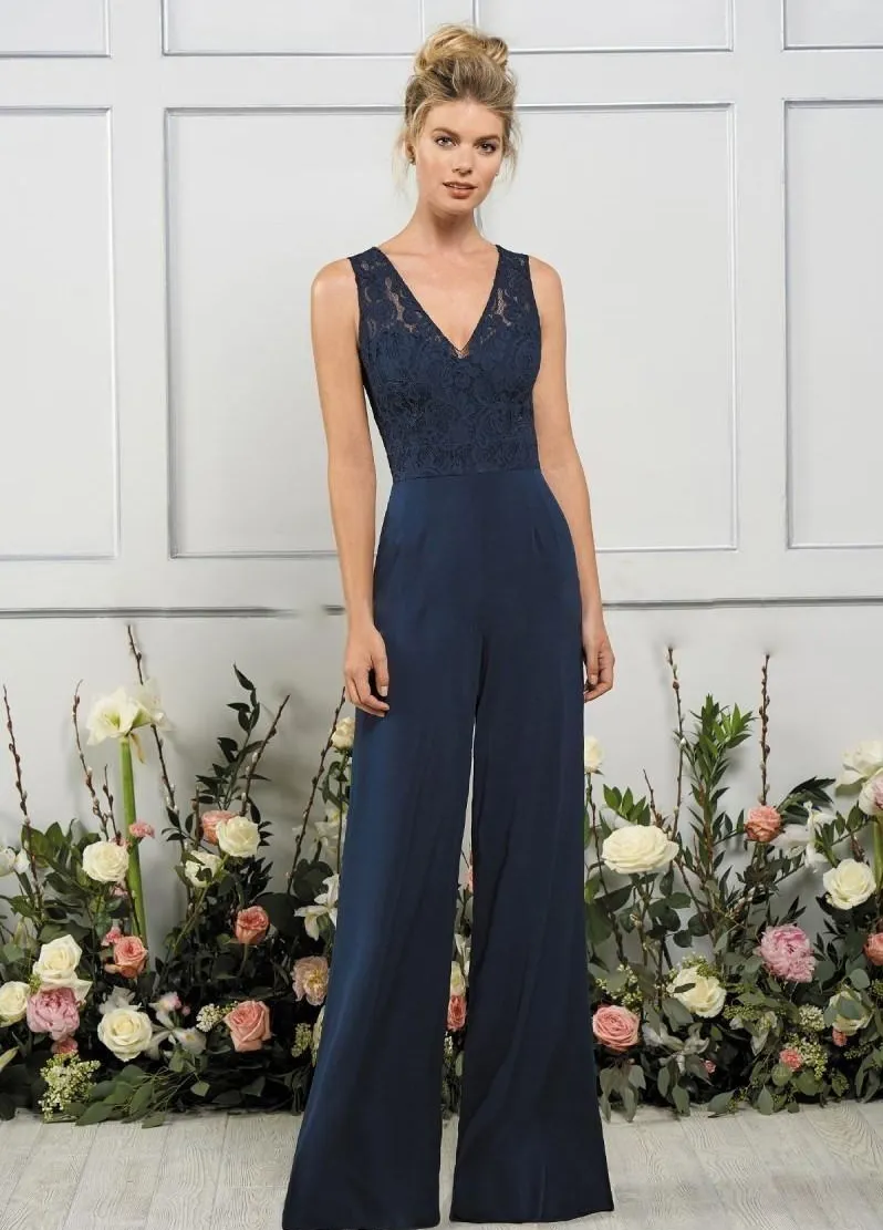 Jasmine Jumpsuits brudtärna klänningar V Neck Dark Navy Maid of Honor Gowns Beach Wedding Guest Party Gowns Vestidos de Novia HY4267