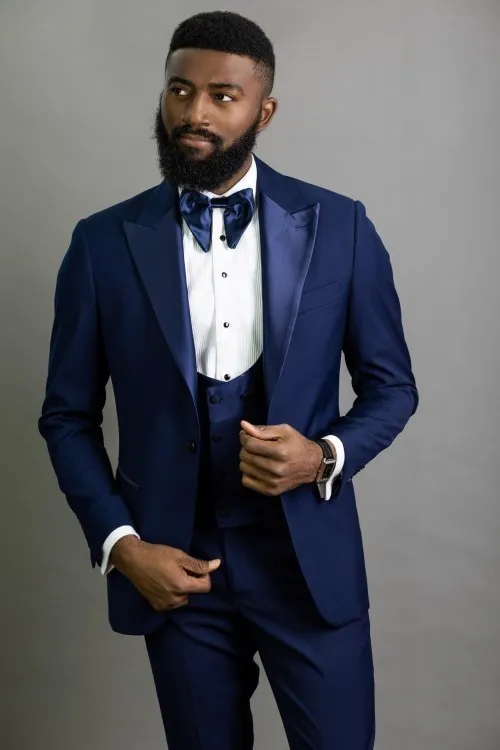Gorgeous 3 Pieces Blue With Stripe Groomsmen Tuxedos Peaked Lapel main image 1