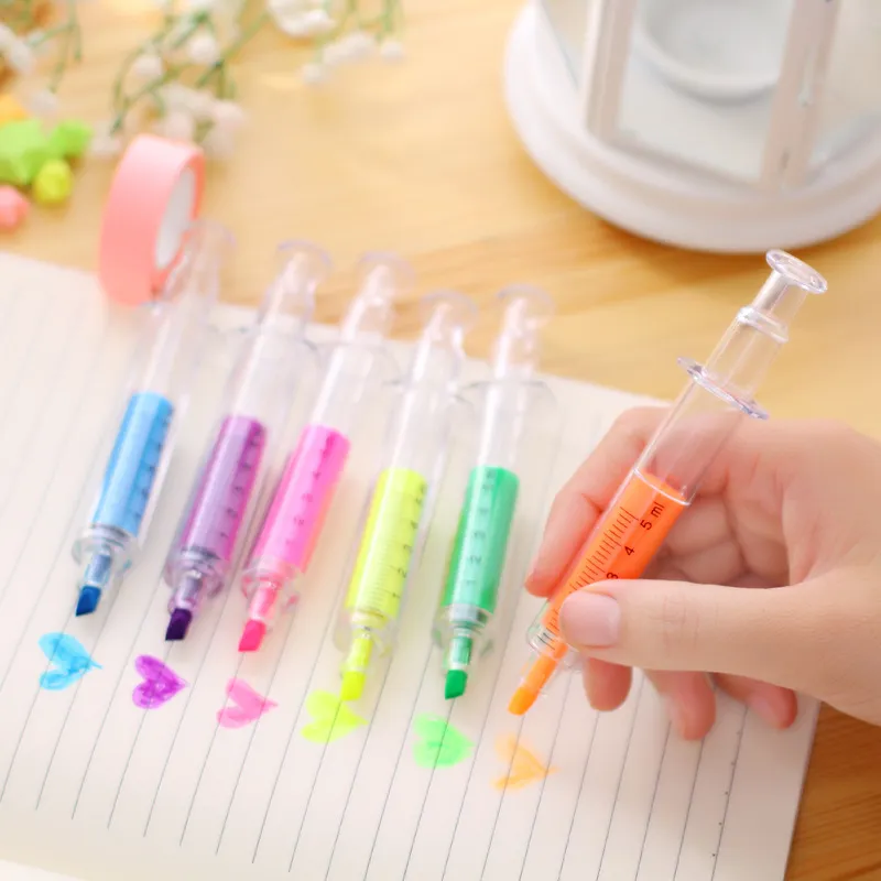 6 Colors Novelty Nurse Needle Highlighter Marker Pen Colors Pens Stationery School Supplies Free Shipping WB2167