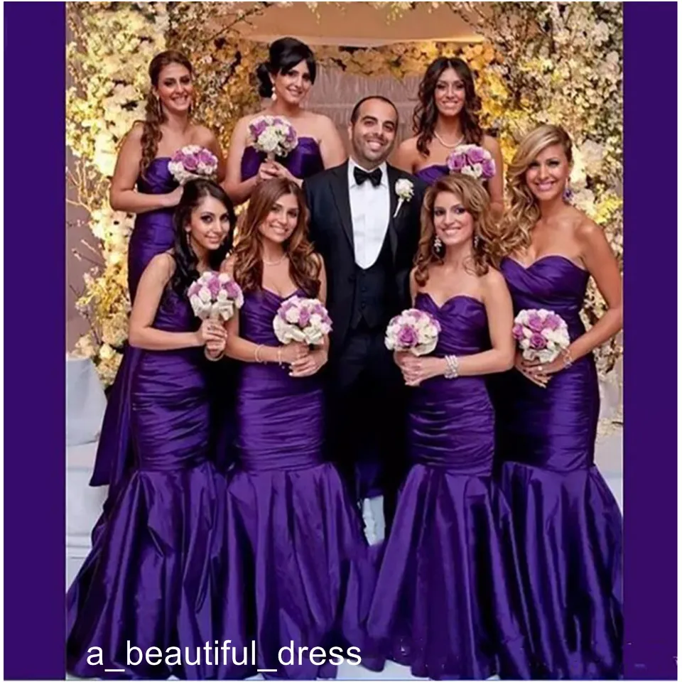 ウェディングパーティーイベントフォーマルドレスシンプル紫色の長い人魚の花嫁介添メイドのドレスの恋人のノースリーブの床の習慣