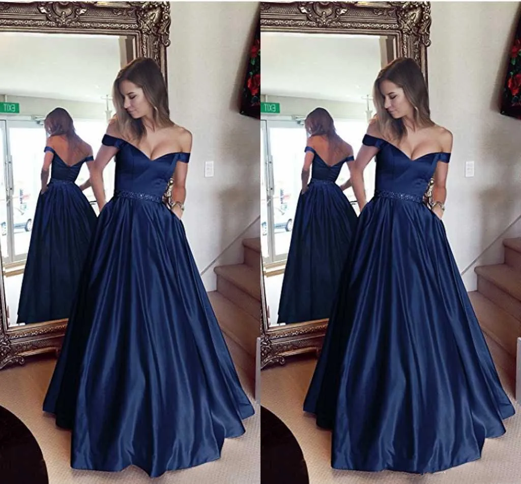 Modest Navy Blue Formal Evening Dresses Off-Shoulder Sexy Back A-Line Special Occasion Dresses Beaded Simple Design Popular Prom Dresses