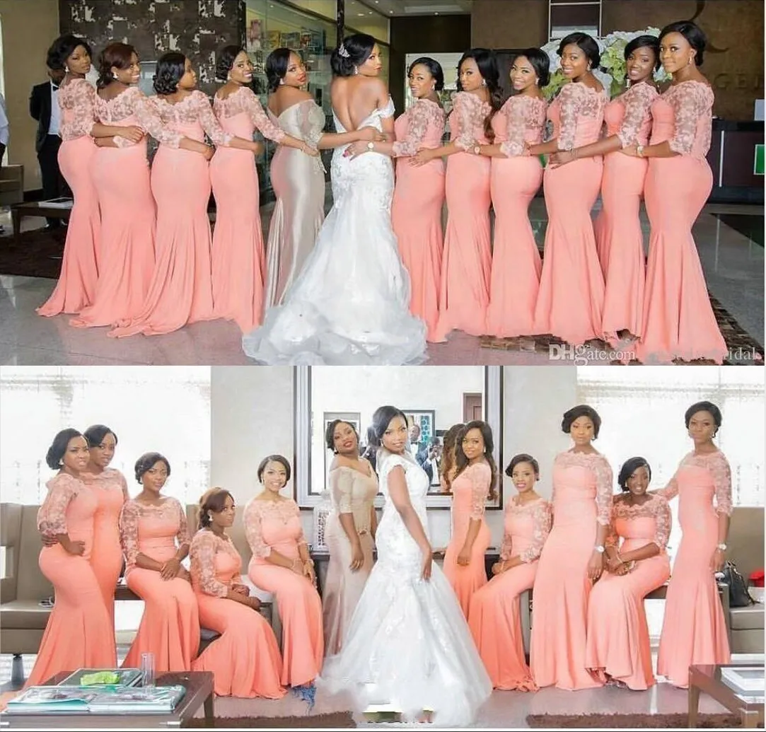 Peach Arabic African Cheap Long Bridesmaid Dresses Half Sleeves Plus Size Lace Mermaid Long Party Dress Bridemaid Dress Maid Honor Gowns