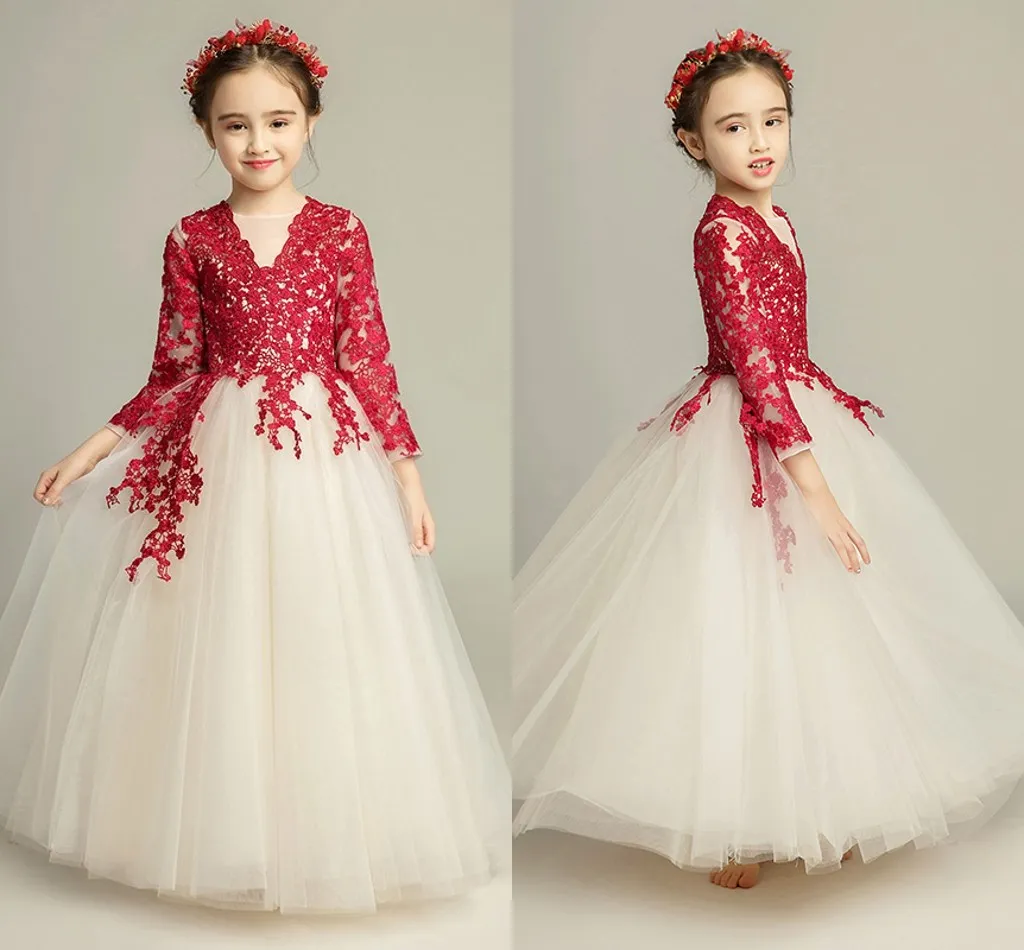 Rote Spitze Prinzessin Mädchen Festzug Kleider 2019 Illusion Langarm Champagner Tüll Geraffte Blumenmädchenkleid für Hochzeit Party Kleid Kleinkind