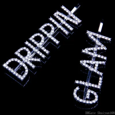 Driprin Glam Mektuplar Saç Klipleri Pin Kristal Firkete Glitter Rhinestone Saç Aksesuarları Kadınlar Kızlar için Parti Düğün Takı Noel Hediyesi