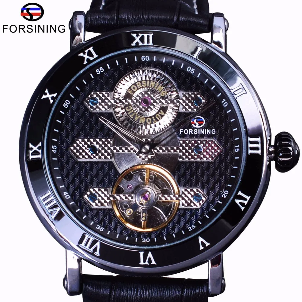 Forsining Tourbillion مصمم غامض للماء جلد طبيعي رجالي ووتش أعلى ماركة فاخرة ميكانيكية الاتجاه ساعة