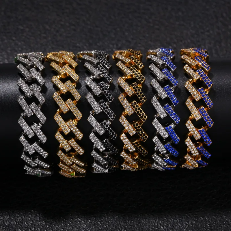 Mens Hip Hop Gouden Armbanden Zwart Blauw Diamanten Armbanden Sieraden Mode Iced Out Miami Cubaanse Link Chain Armband 8 inch