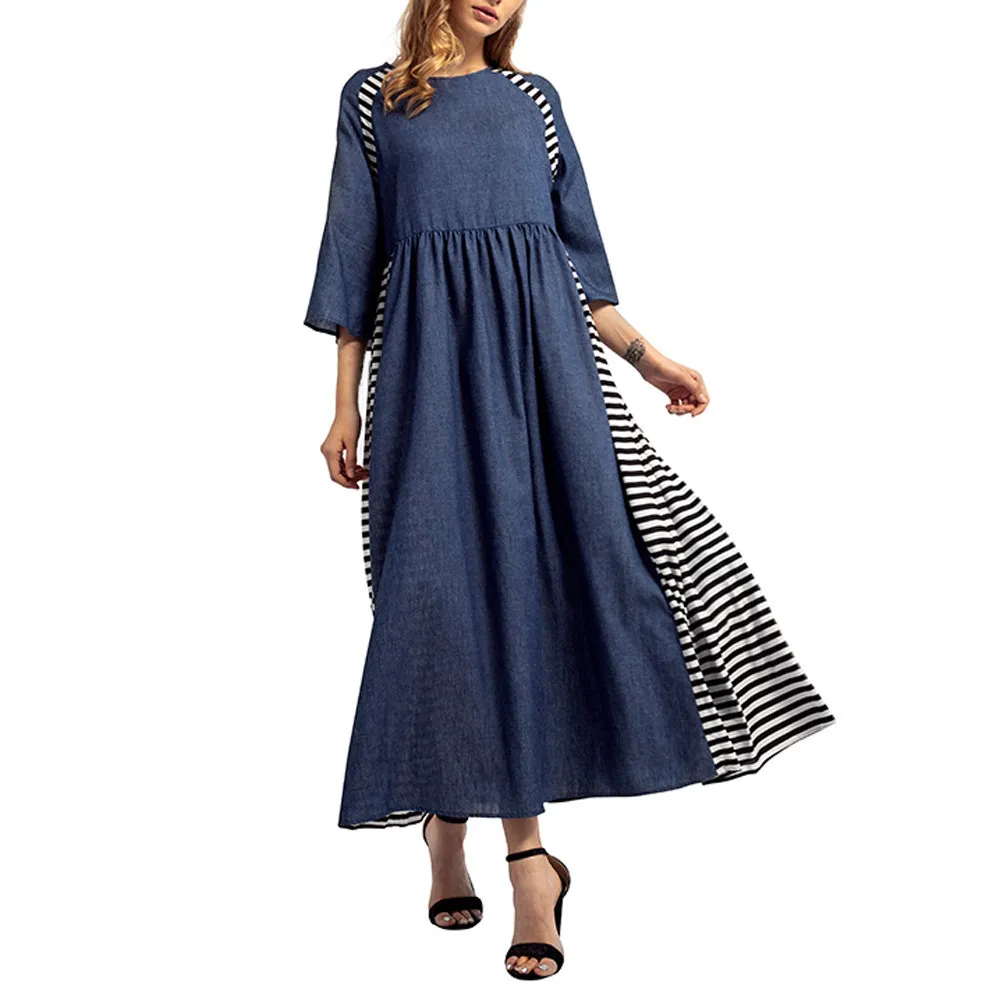 Women Striped Denim Long Dress Islamic Muslim Middle East Maxi Robe Dresses abayas for women hijab dress C30118