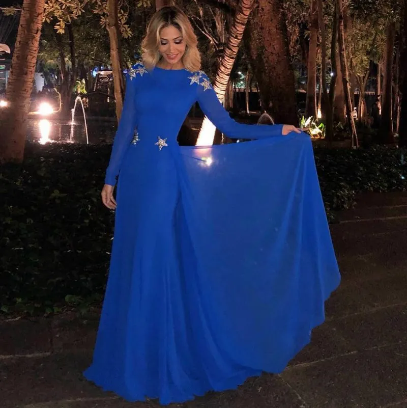 Royal Blue Mermaid Beaded Evening Dresses With Long Sleeves Bateau Neck Backless Formal Dress Overskirt Chiffon Sequined Prom Gowns 407