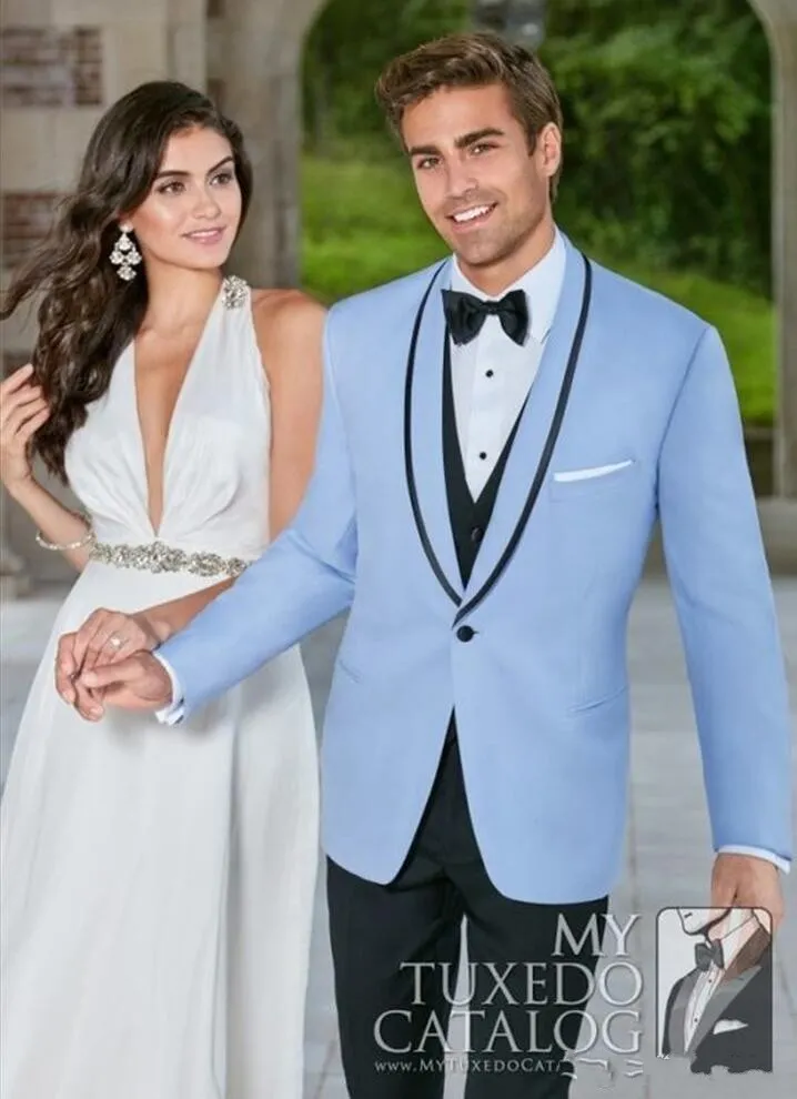 Light Blue Noivo Smoking xaile lapela do Groomsman do smoking Homens Moda Prom Jacket Blazer 3piece Terno (camisa + calça + gravata + Vest) 828