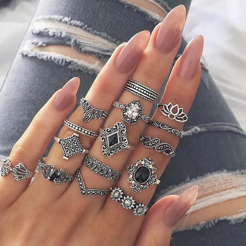 DHgate Bohemia Flowers Crystal Crown Finger Rings Set of 15 Trendy Silver Joint Knuckle Rings for Women Jewelry Accessories Gifts Jewelry