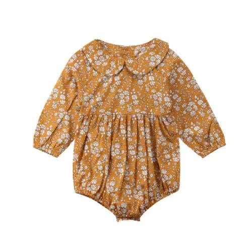 0-24 månader baby flickor kläder gula ruffles baby bodysuit jumpsusa blommor tryck kläder flickor kläder droppshippande