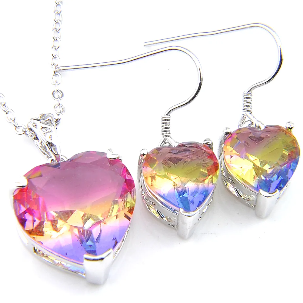 Wholesale LuckyShine Heart Crystal Zircon Gems Necklace Earring Set Silver Tourmaline Wedding Earring Pendants Jewelry Sets For Women