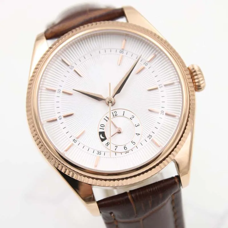 40mm 자동 기계식 남성 시계 시계 브라운 가죽 스트랩 및 GMT 서브 다이얼이있는 로즈 골드 케이스 흰색 다이얼