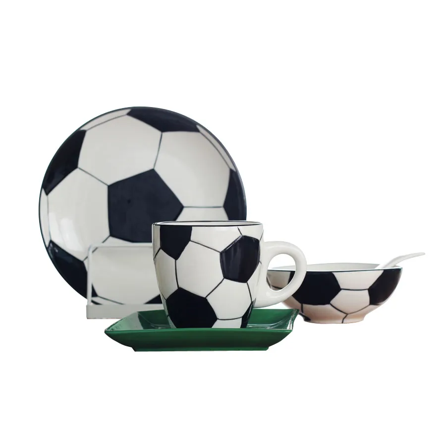 Kreatives Fußball-Sport-Geschenk-Keramik-Frühstücks-Geschirr-Set, Relief-Fußball-Thema, Teller, Gerichte, Müslischale, Kaffeetasse