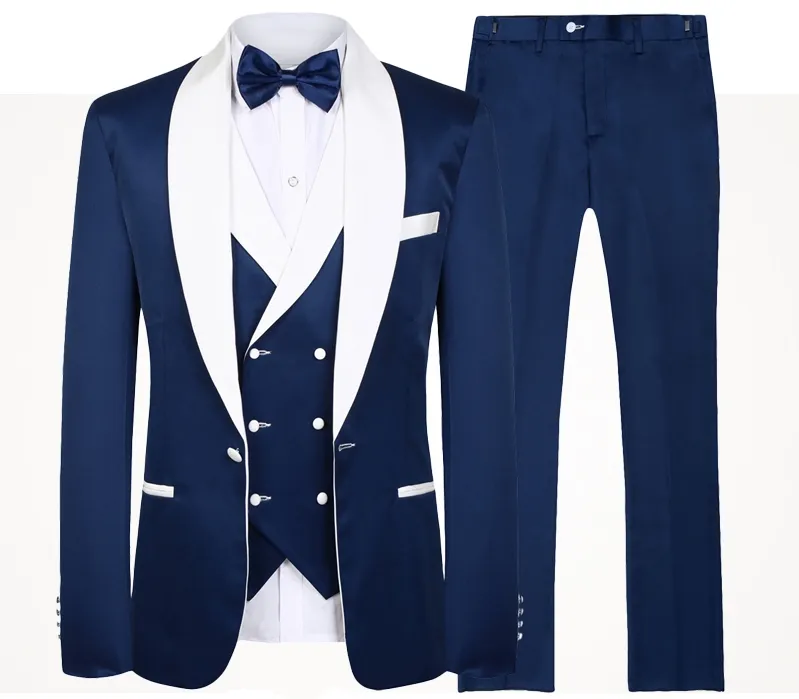 2020 blå män bröllop kostymer varumärke mode design real groomsmen vit sjal lapel brudgum tuxedos mens smoking bröllop / prom kostym 3 stycken