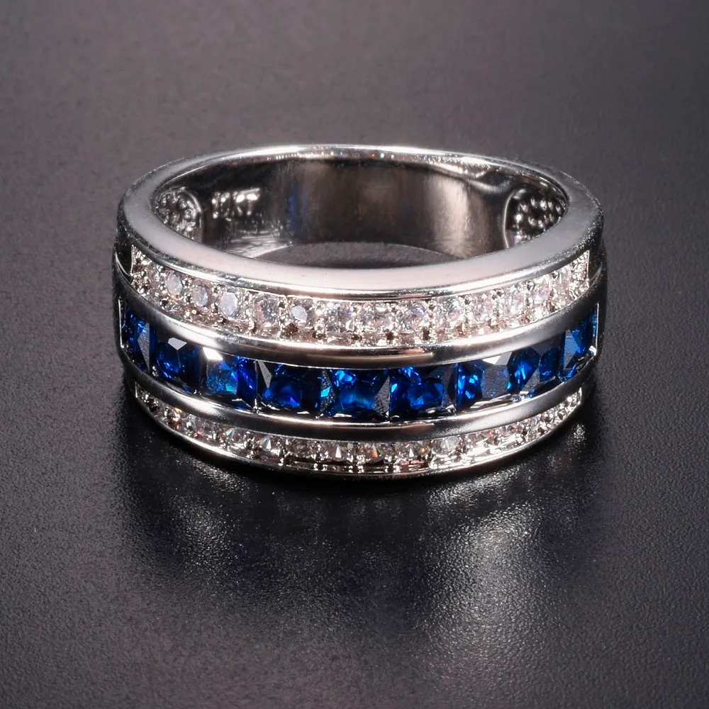 Mäns Deluxe 10k vitguld pläterad blå safir granat kristall stenband bröllopsring för män kvinnor jewlry storlek 8-12 j190707
