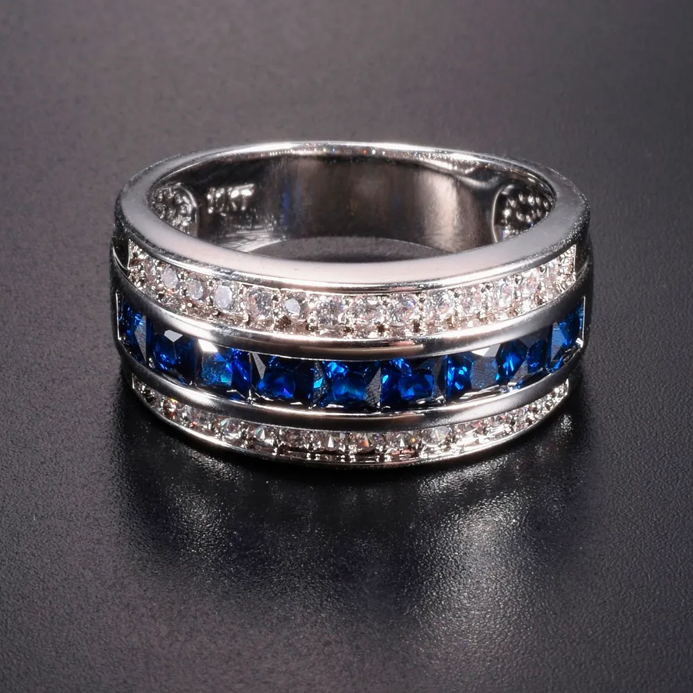 Heren Deluxe 10K Wit Vergulde Blauwe Sapphire Granaat Crystal Stenen Band Trouwring voor Mannen Vrouwen Jewlry Maat 8-12 J190707