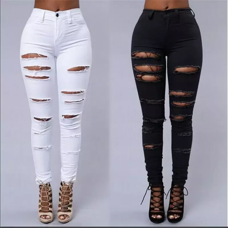 Wholesale- Women Ripped Jeans High Waist Torn Female Denim Pants Hole Knee Skinny Pencil Jean Destroyed Trousers for Girl Club Wear