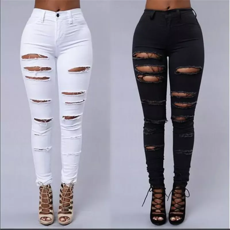 All'ingrosso- Jeans strappati da donna a vita alta Pantaloni in denim da club femminile strappati Hole Knee Skinny Pencil jean pantaloni distrutti Per abbigliamento da club per ragazze