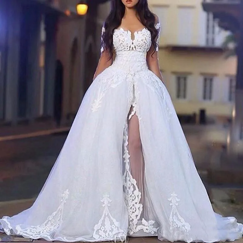 2019 Arabski White Elegancki z ramion sukni ślubnych z Orskirt Lace Bridal Sukienki ślubne Suknie ślubne Drużynie 268c