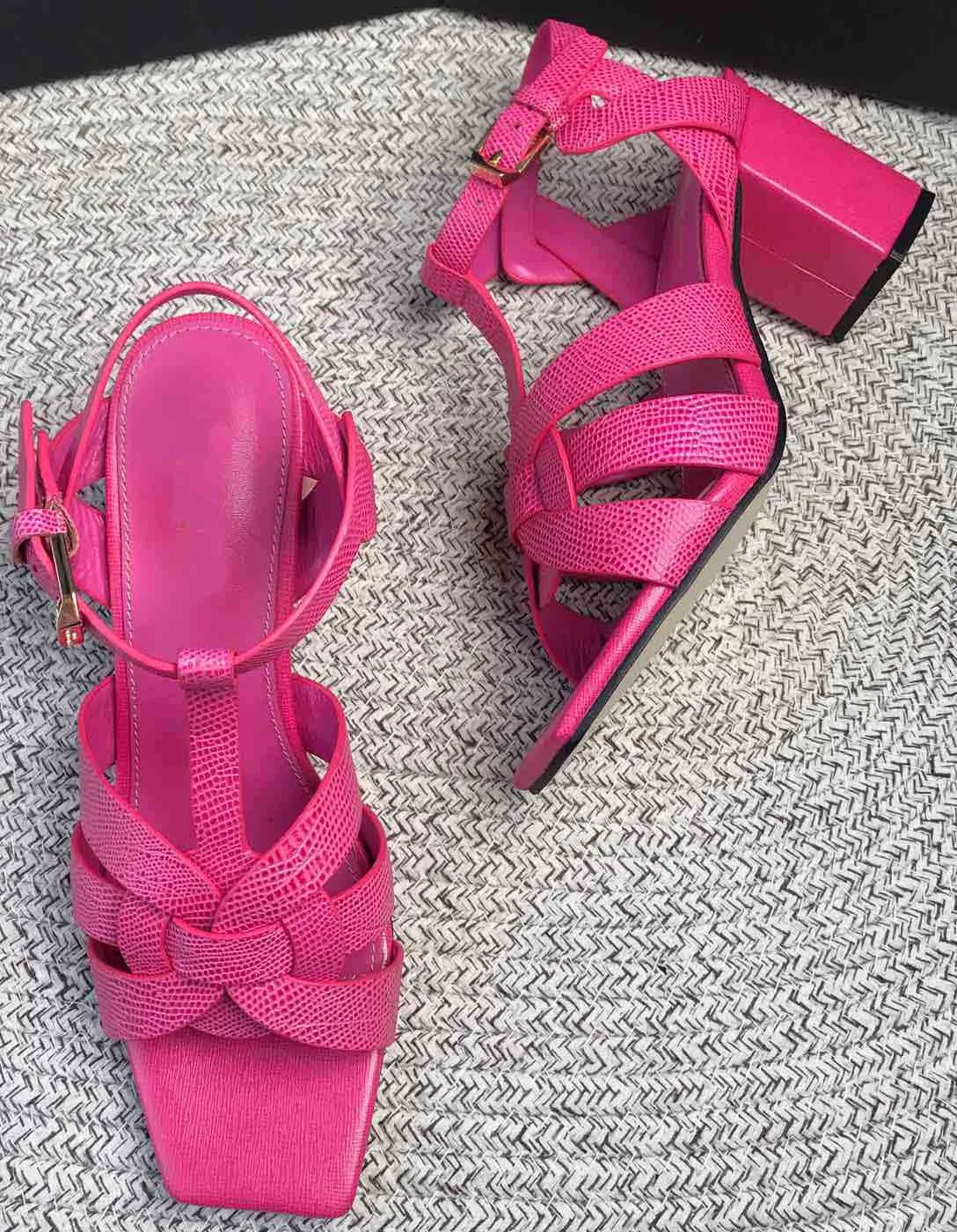Hot Sale-Nyaste Kvinnor Läder Sandaler Kvinna Chunky Heels Sapatos Femininos Zapatos Mujer Chaussure Femme Sapato Feminino Lizard Texture