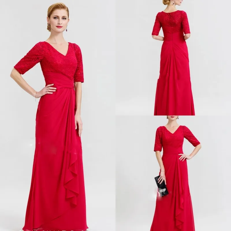 2019 Red Mother of the Bride Dresses V Neck Half Sleeve Lace Appliqued Floor Length Chiffon Mother's Dresses Plus Size Wedding Guest Dress