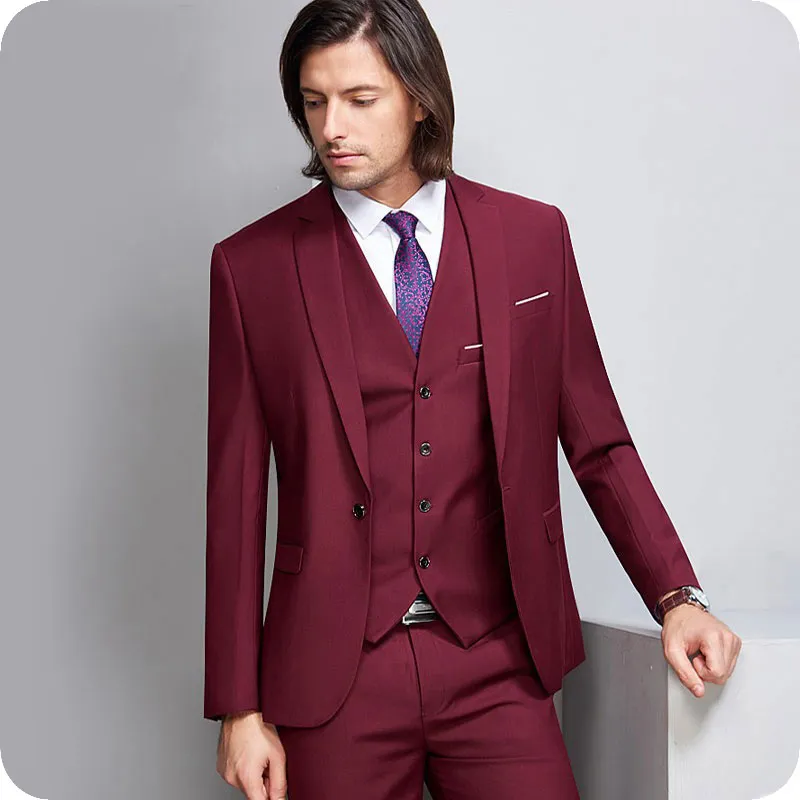 Männer Anzüge Burgunder Hochzeitsanzüge für Mann fallendem Revers Bräutigam nach Maß Slim Fit formale Abschlussball-Smoking-Bräutigam-Bester Mann Jacket + Pants + Vest