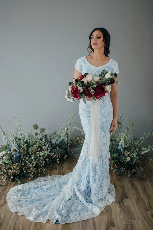 ivory blue wedding dress Odessa Colorful Blue Wedding Dress with Floral Detail A-line Corset