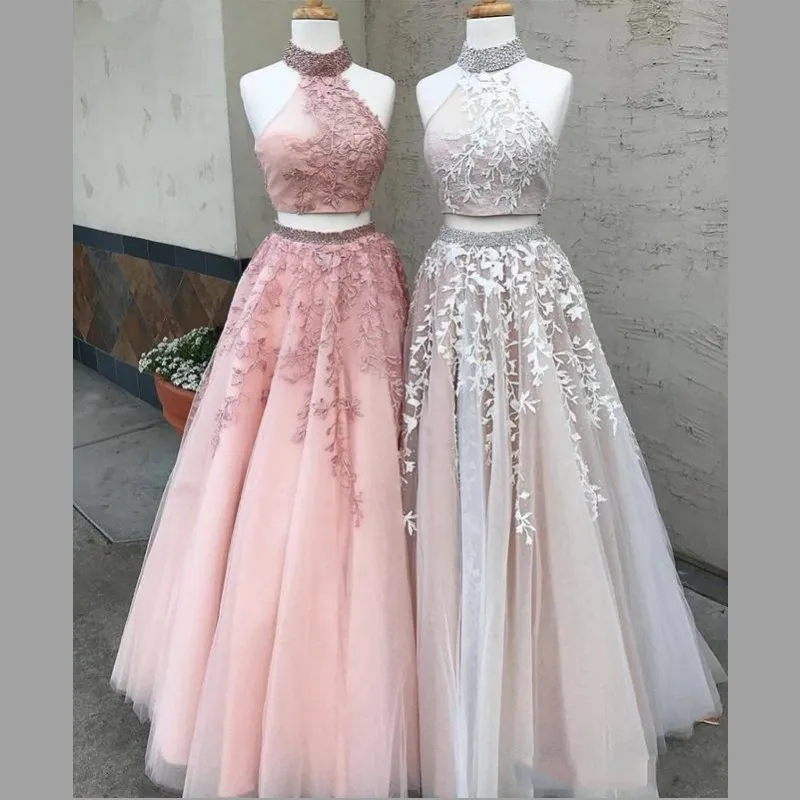 Spring Summer Halter Cheap Homecoming Dresses With Lace Appliques Beads Two Pieces Party Dress Yong Girls Wear Prom Dress