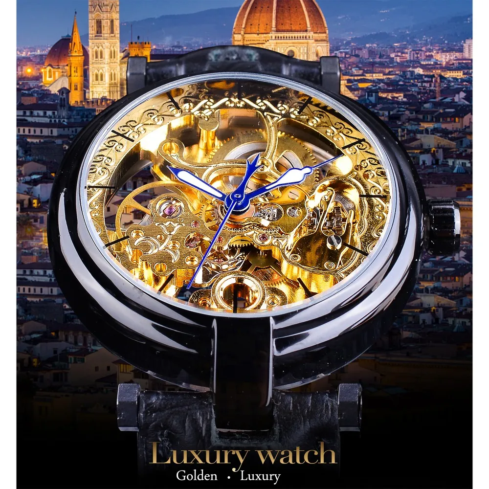 レトロブラックゴールデンスケルトンウォッチの青い明るい手本革のメンズメカニカル時計透明wristwat2334