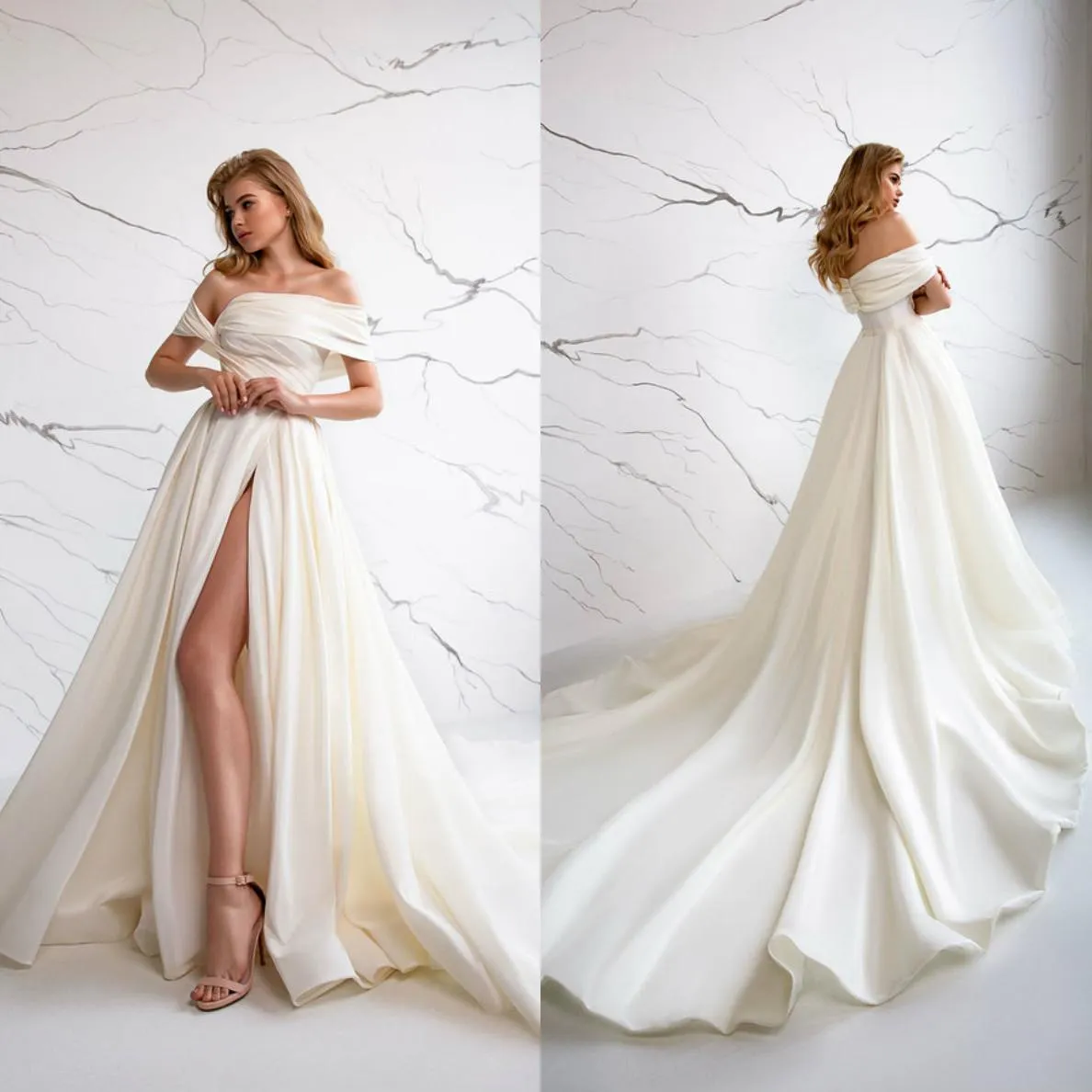 Plus La Taille Sexy Eva Lendel A-ligne Robes De Mariée Hors Épaule Haut Côté Split Robes De Mariée Dos Nu Balayage Train Robe De Mariée Vestidos