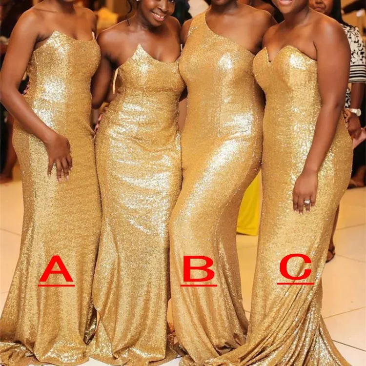 Mermaid African Nigerian Bridesmaid Champagne Cheap Sequined Long Wedding Guest Dress Formal Maid Of Honor Gowns Prom Dresses Es