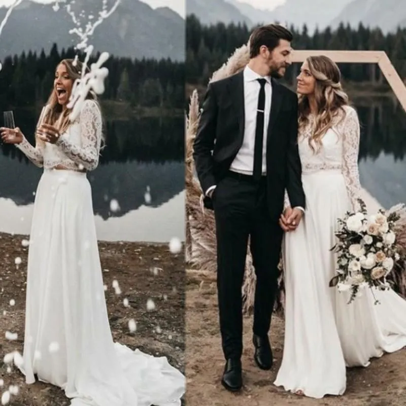 2020 Plaża Suknie ślubne Dwa kawałek koronki Aplikacja Szyfonowa Sweep Pociąg Klejnot Neck Summer Custom Made Wedding Gown Robe de Mariée