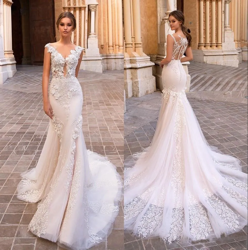 Niesamowite koronkowe sukienki ślubne syreny Sheer Batau Seck 3D Appliqued Trumpet Bridal Stuns Tiulle Sweep Train Plus Size Vestido de Novia 415