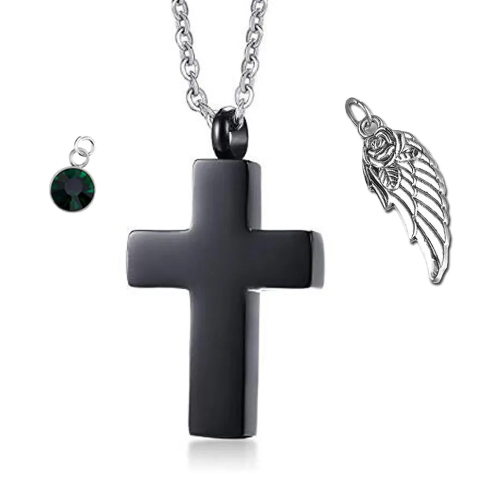 Czarny Krzyż Wisiorek Naszyjnik Angel Wings Kremacja Biżuteria Keepsake Memorial Birthstone Crystal