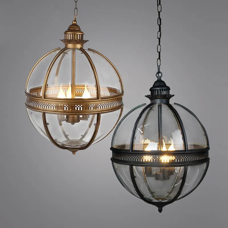 American Vintage Globe Chandeliers 3 Lights E14 Transparent Glass Metal Painting Loft Chandeliers for Living Dinning Room