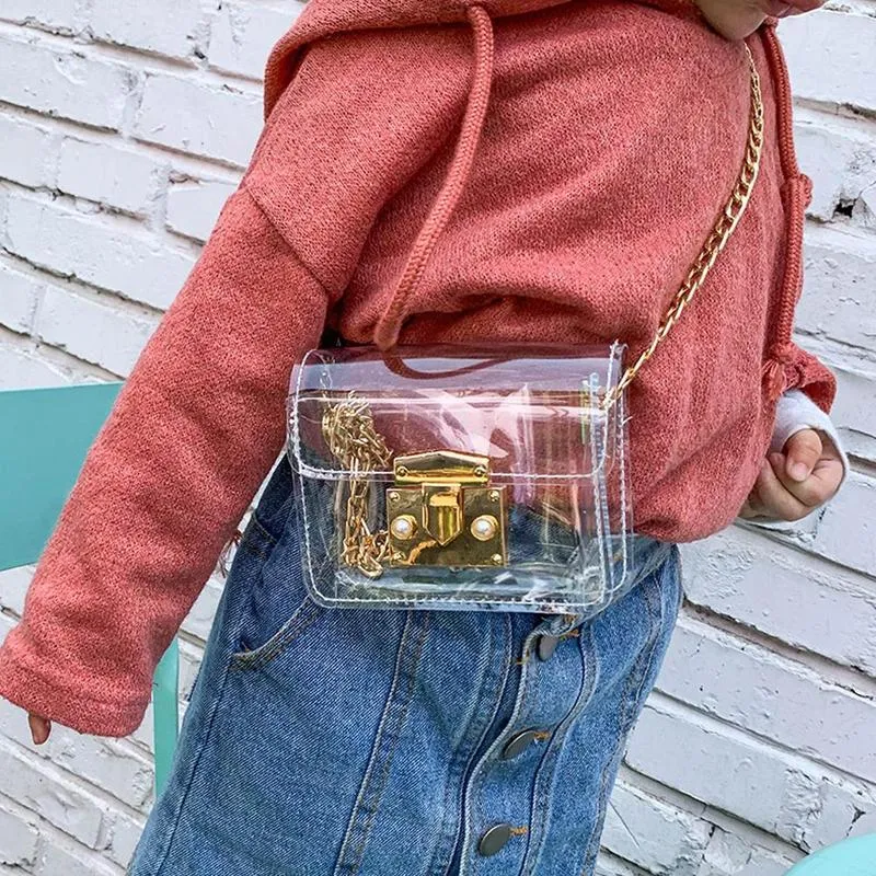 Coloré gelée clair épaule enfants sac femmes chaîne sac à bandoulière Transparent PVC petit téléphone sac à main clair perle serrure messager