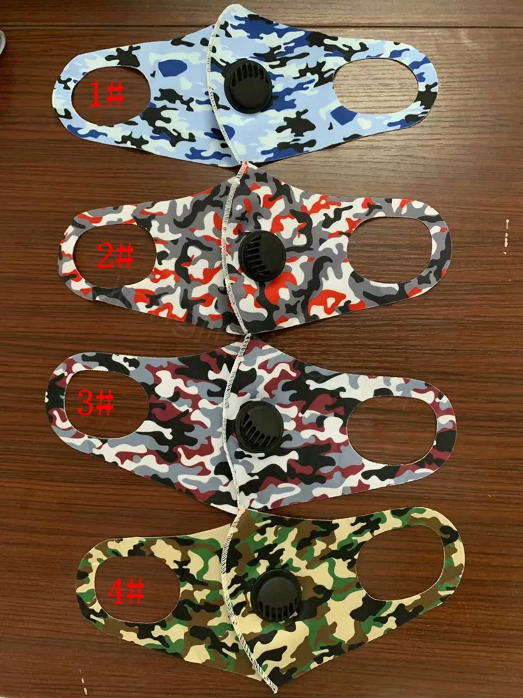 Camo valve mask printed ice silk cotton mask facial mouth cover outdoor protective earloop dustproof soft breathable masks FFA4225-1