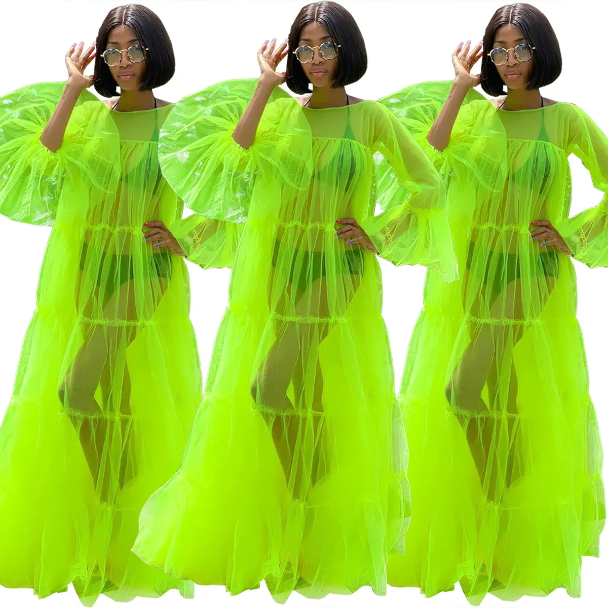 Green see through online dress