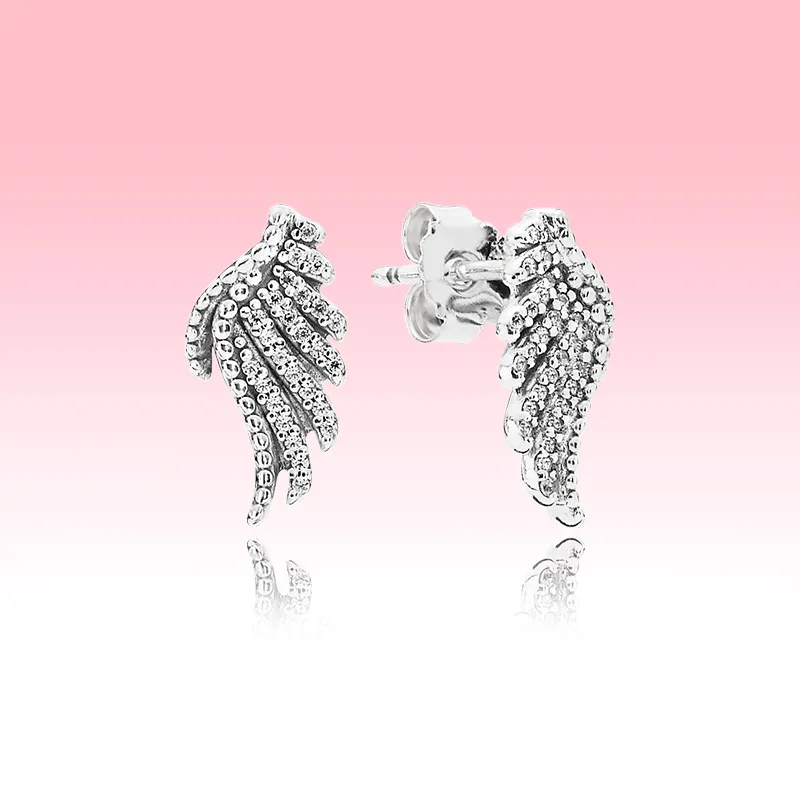 100% Real 925 Sterling Silver wing Earring Women Girls Party Jewelry for Pandora feather Stud Earrings with Original box set